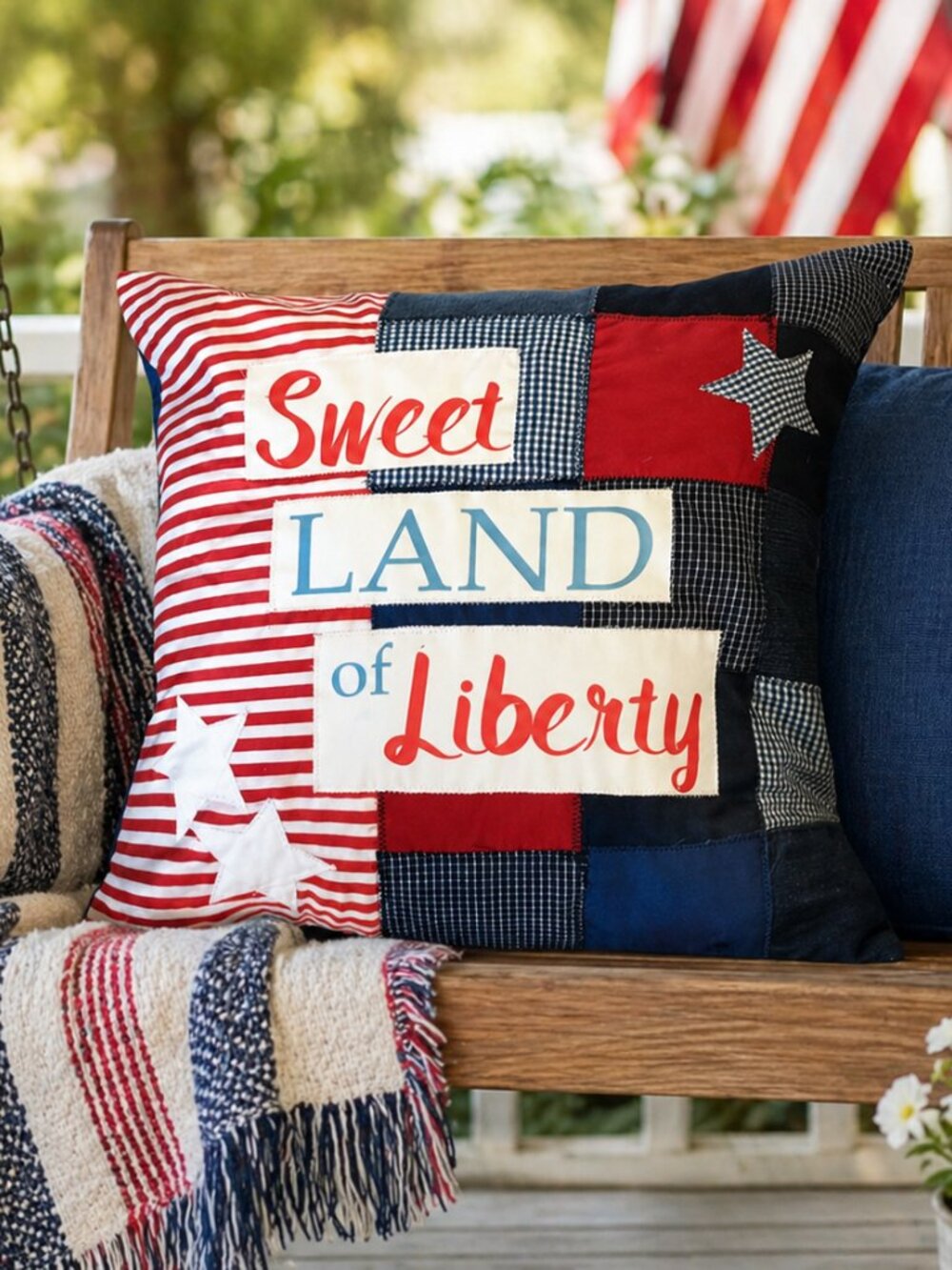 Patriotic Pillow Cover Patchwork Stars Sweet Land of Liberty 18 x 18